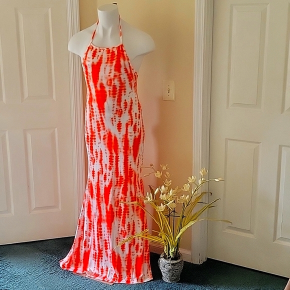 Orange and White Strappy Back Tie up Maxi Dress - Picture 2 of 4